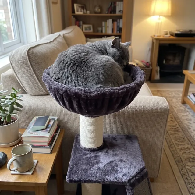 Dunkler CanadianCat Regina Kratzbaum mit dickem Sisalstamm und tiefem Körbchen neben dem Sofa
