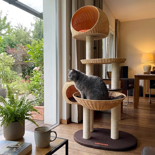 Karlie Outdoor Kratzbaum aus geflochtenem Rattan mit Kuppel auf der Terrasse